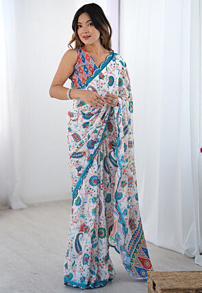 Digital Printed Chinon Chiffon Scalloped Saree in Off White