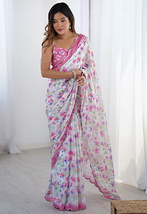 Digital Printed Chinon Chiffon Scalloped Saree in Off White