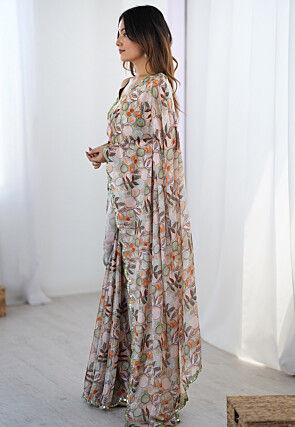 Digital Printed Chinon Chiffon Scalloped Saree in Peach