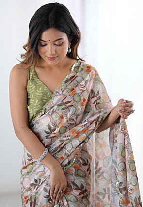 Digital Printed Chinon Chiffon Scalloped Saree in Peach
