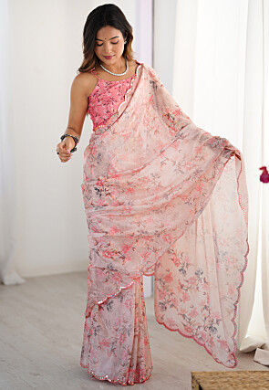 Digital Printed Chinon Chiffon Scalloped Saree in Pink