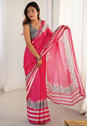 Digital Printed Chinon Chiffon Scalloped Saree in Pink