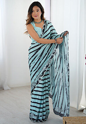 Digital Printed Chinon Chiffon Scalloped Saree in Sea Green