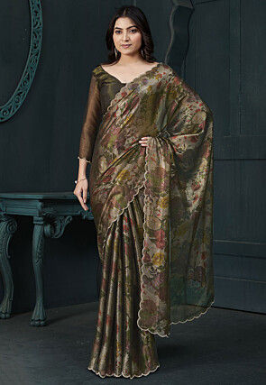 Digital Printed Chinon Chiffon Shimmer Saree in Olive Green