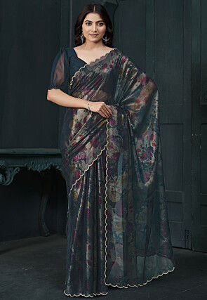 Digital Printed Chinon Chiffon Shimmer Saree in Teal Blue