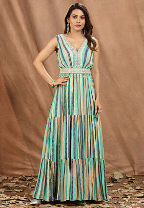 Digital Printed Chinon Chiffon Tiered Gown in Multicolor