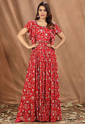 Digital Printed Chinon Chiffon Tiered Gown in Red
