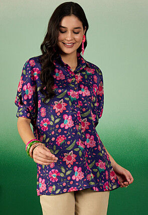 Digital Printed Chinon Chiffon Top in Navy Blue