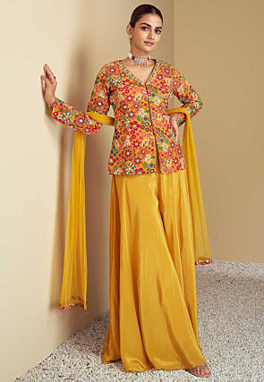 Digital Printed Chinon Chiffon Top Set in Mustard