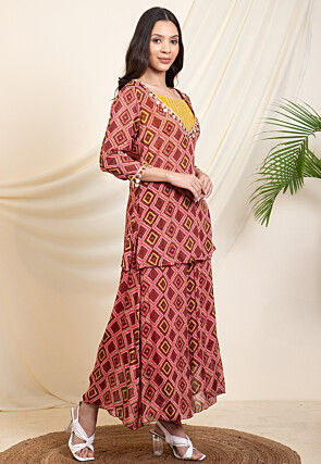 Digital Printed Chinon Chiffon Tunic Set in Pink and Maroon