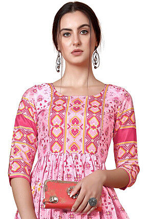 Digital Printed Chinon Crepe A Line Kurta in Pink