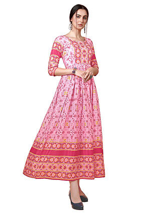 Digital Printed Chinon Crepe A Line Kurta in Pink