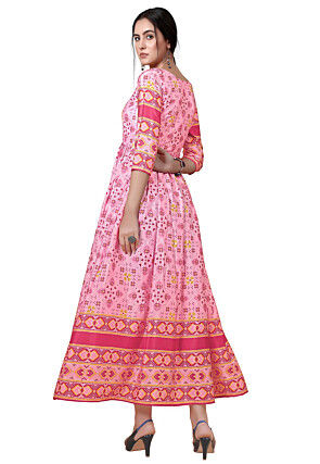 Digital Printed Chinon Crepe A Line Kurta in Pink