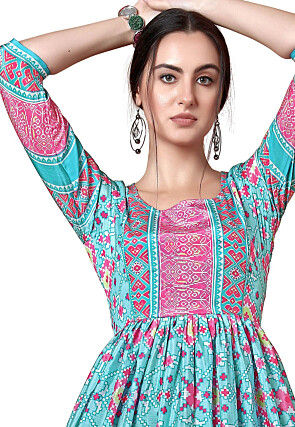 Digital Printed Chinon Crepe A Line Kurta in Sky Blue