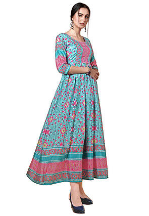 Digital Printed Chinon Crepe A Line Kurta in Sky Blue