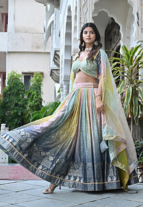 Digital Printed Chinon Crepe Lehenga in Multicolor