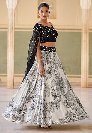 Digital Printed Chinon Crepe Lehenga in Off White