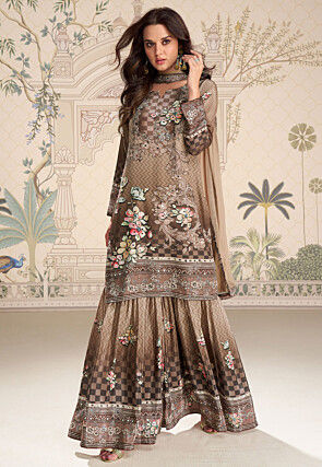 Digital Printed Chinon Crepe Pakistani Suit in Beige Ombre
