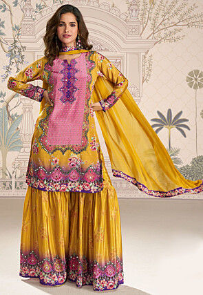 Digital Printed Chinon Crepe Pakistani Suit in Mustard and Pink