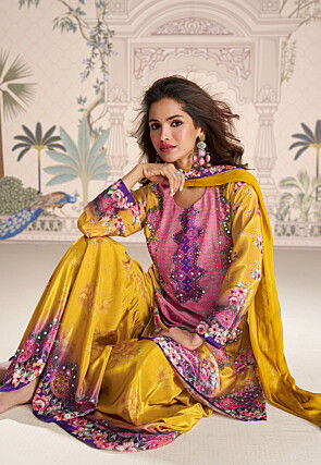 Digital Printed Chinon Crepe Pakistani Suit in Mustard and Pink