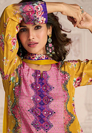 Digital Printed Chinon Crepe Pakistani Suit in Mustard and Pink