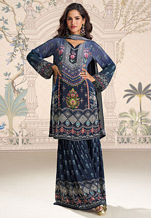 Digital Printed Chinon Crepe Pakistani Suit in Navy Blue