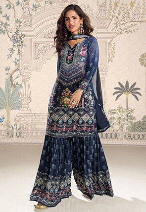 Digital Printed Chinon Crepe Pakistani Suit in Navy Blue
