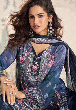 Digital Printed Chinon Crepe Pakistani Suit in Navy Blue