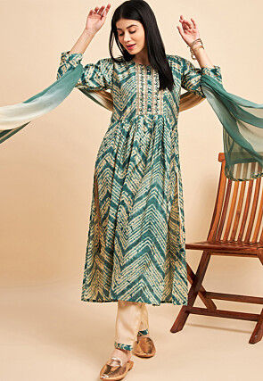 Digital Printed Chinon Crepe Pakistani Suit in Teal Green and Beige