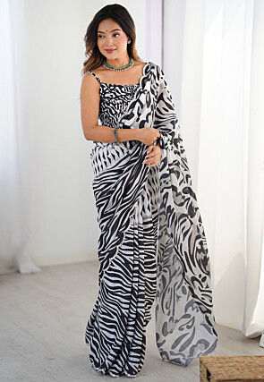 Digital Printed Chinon Crepe Saree in Black and White