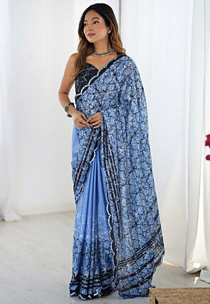 Digital Printed Chinon Crepe Saree in Blue