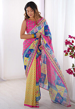 Digital Printed Chinon Crepe Saree in Multicolor
