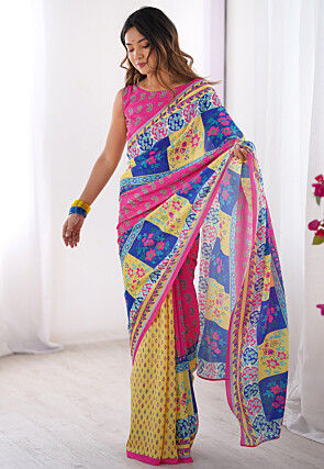 Digital Printed Chinon Crepe Saree in Multicolor