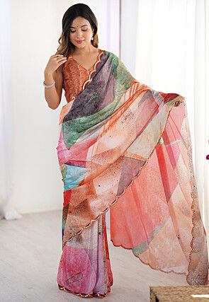 Digital Printed Chinon Crepe Saree in Multicolor