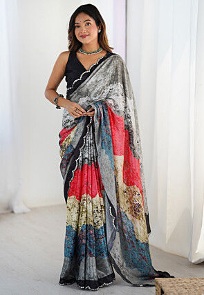 Digital Printed Chinon Crepe Saree in Multicolor