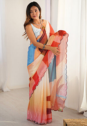 Digital Printed Chinon Crepe Saree in Multicolor
