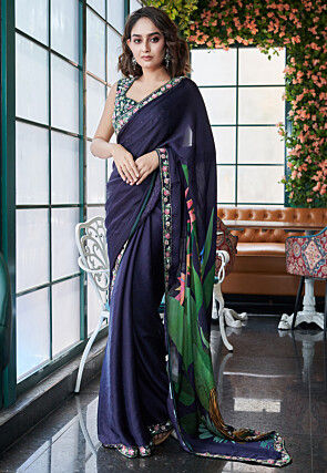 Digital Printed Chinon Crepe Saree in Navy Blue