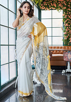 Digital Printed Chinon Crepe Saree in Off White