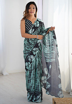 Digital Printed Chinon Crepe Saree in Sea Green and Black