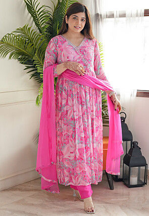 Digital Printed Chinon Silk A Line Suit in Pink