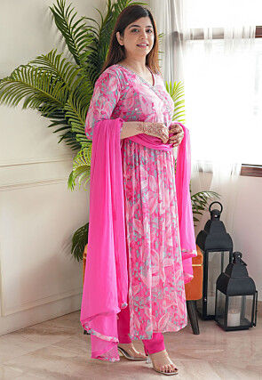 Digital Printed Chinon Silk A Line Suit in Pink