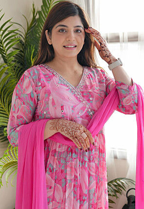 Digital Printed Chinon Silk A Line Suit in Pink