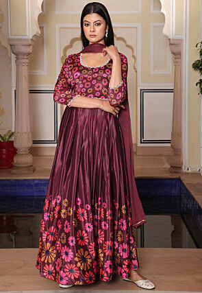 Digital Printed Chinon Silk Abaya Style Suit in Brown