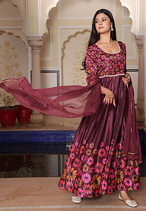 Digital Printed Chinon Silk Abaya Style Suit in Brown