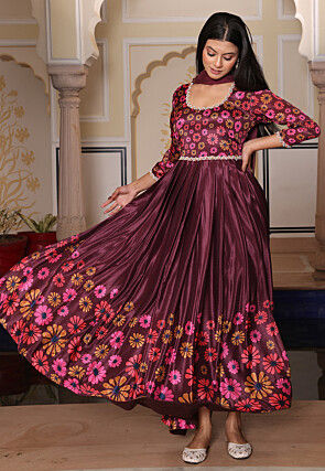 Digital Printed Chinon Silk Abaya Style Suit in Brown