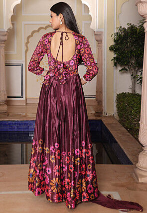 Digital Printed Chinon Silk Abaya Style Suit in Brown