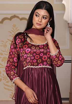 Digital Printed Chinon Silk Abaya Style Suit in Brown