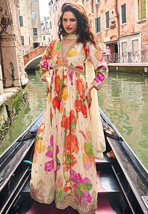 Digital Printed Chinon Silk Abaya Style Suit in Cream