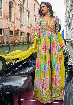 Digital Printed Chinon Silk Abaya Style Suit in Light Green