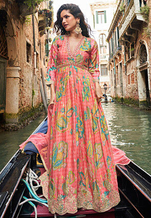 Digital Printed Chinon Silk Abaya Style Suit in Peach